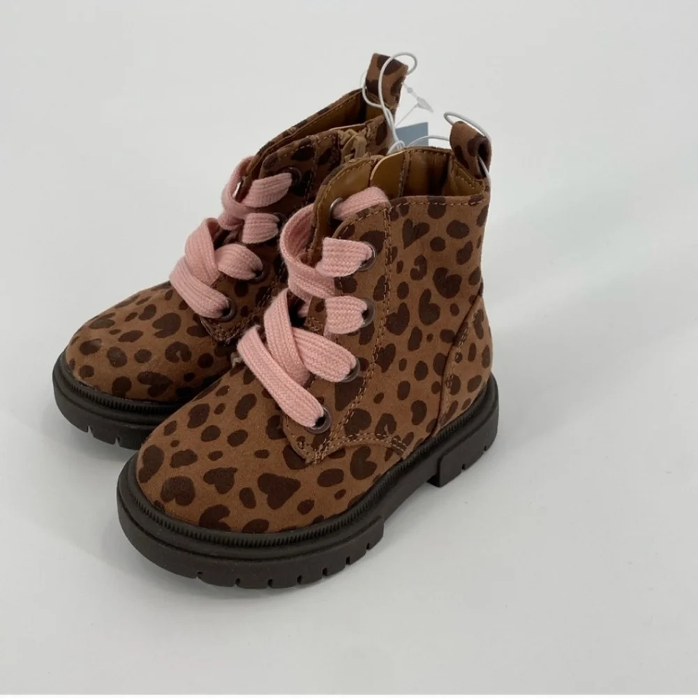 Cat & Jack Amaya Leopard Heart Print Combat Boots Pink Laces Toddler Sz 5